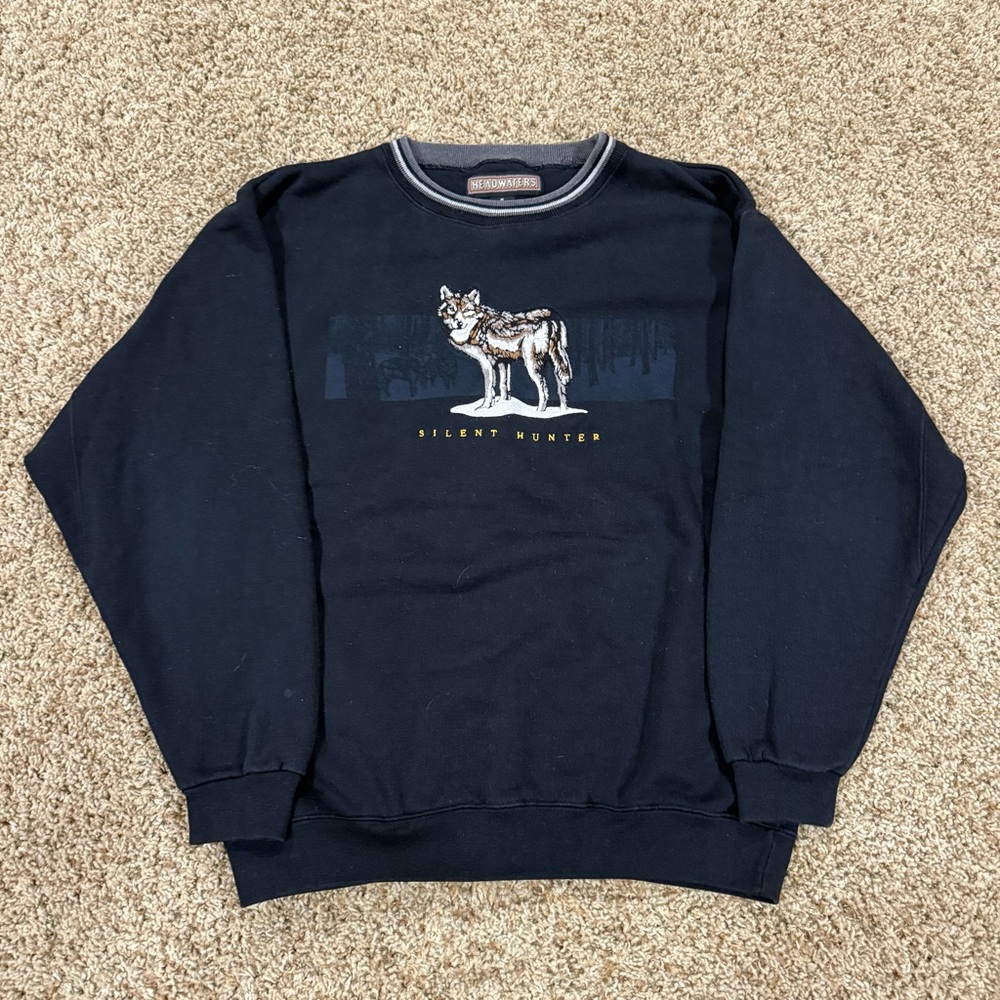 Vintage Headwaters Silent Hunter Wolf Nature Embroidered Crewneck Sz.M